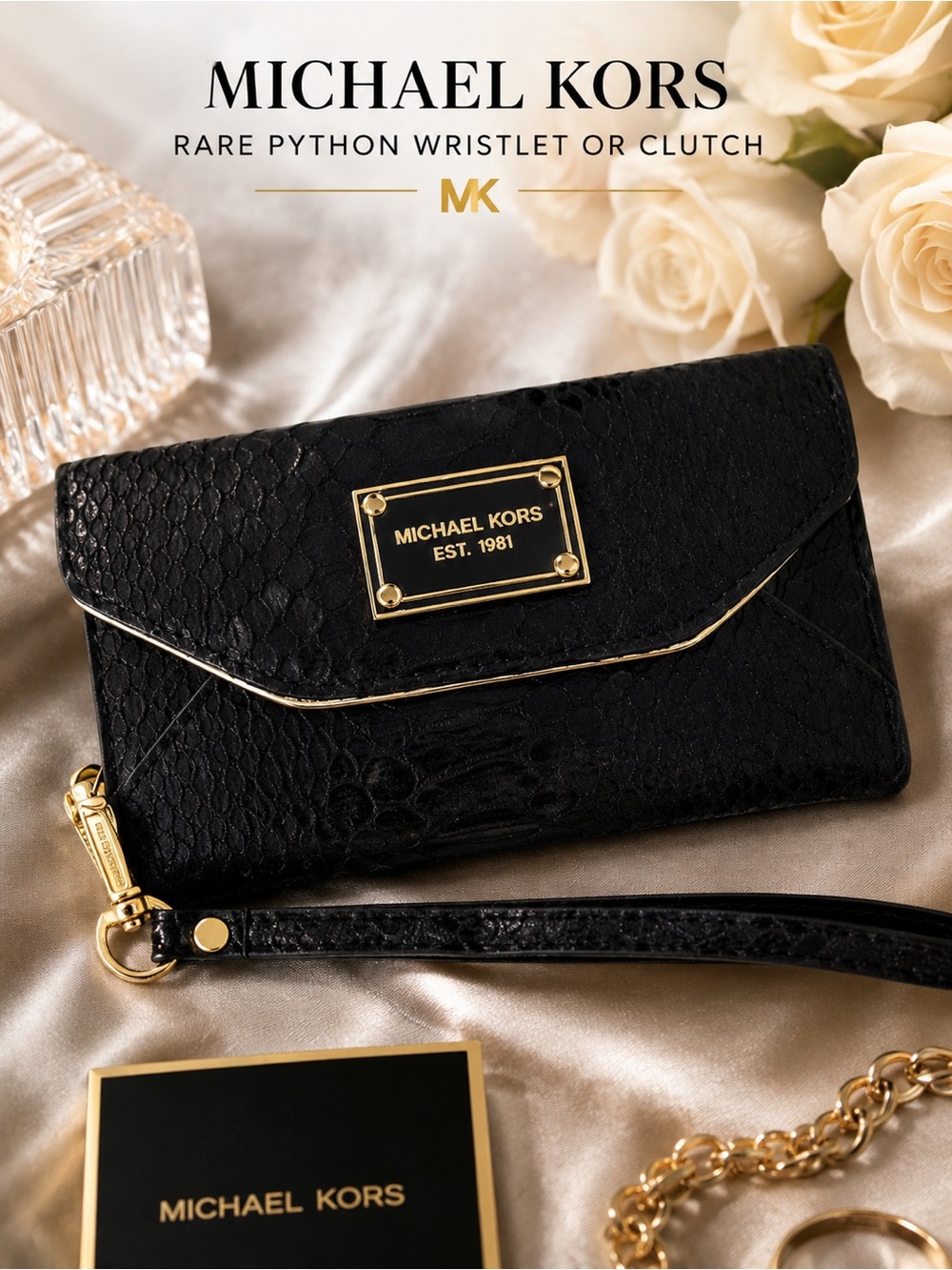 Michael Kors Designer Rare Black Embossed Python Wristlet or Clutch